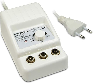 Metronic 432187 Amplificador TV FM/VHF/UHF para Digital terrestre con Filtro LTE, 2 x 24dB Ajustables, 1 Entrada/2 Salidas, de Interior, 47/790 MHz, Blanco